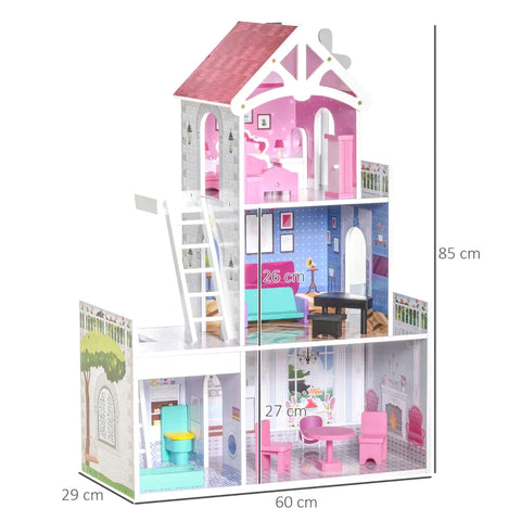 Rootz Wooden Dollhouse - Kids Dollhouse - Dreamhouse Villa - With Furniture Accessories - Pink - 60 x 29 x 85 cm