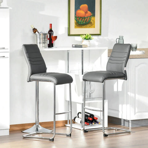 Rootz Chair - Bistro Chairs - Set Of 2 Bar Stools - Kitchen Stools - Metal Stools With Backrest - Faux Leather - Grey - 40x51x110 cm