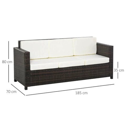 Rootz Poly Rattan Sofa - Rattan Sofa with Cushions - 3 Seater - Garden Lounge Sofa - Metal - Polyester - Brown/White - 185 x 70 x 80 cm