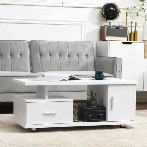 Rootz Couchtisch – 1 Schublade, 1 Schrank – 3 Regale – Weiß + Silber – 100 cm x 50 cm x 42 cm