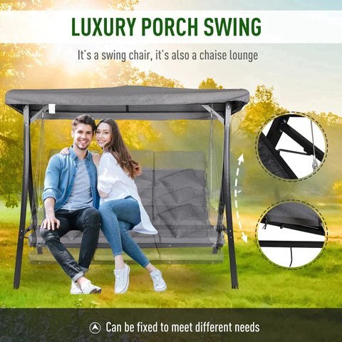 Rootz Garden Swing - hammock swing - Swing Bench - 3 Seater - Adjustable Canopy - Grey - 200 x 115 x 168 cm