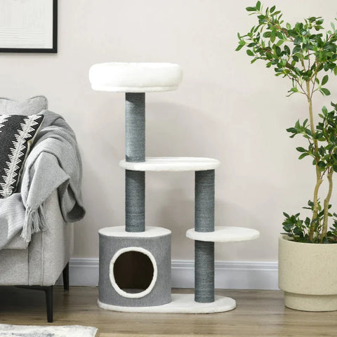 Rootz Scratching Post With 1 Cat Cave - 1 Cat Bed - 2 Platforms - Jute Rope Posts - Chipboard - Imitation Linen - White + Gray - 55.5L x 30.5W x 98H cm