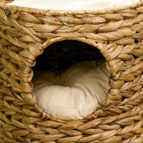 Rootz Cat Tower - Scratching Posts - Cat Cave With 2 Separate Caves - 1 Lying Surface - Water Hyacinth - Natural - 32L x 32W x 47H cm