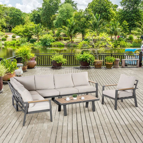 Rootz Gartenmöbel-Set – 6-teiliges Gartenmöbel-Set – Garten-Set – Sitzgruppe – Doppelsofa – 3 Einzelsofas – mit Couchtisch – Sofa mit Sitzkissen – Aluminium – Cremeweiß