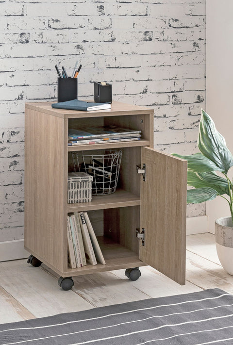 Rootz Roll Container Sonoma - Drawer Cabinet for Office - Desk Container with Door & Tray - Side Container on Casters - Small Office Storage - (33x60x38 cm)