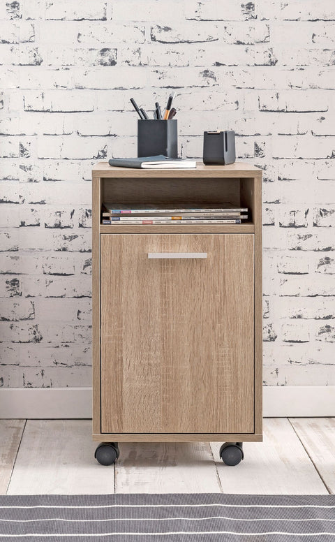 Rootz Roll Container Sonoma - Drawer Cabinet for Office - Desk Container with Door & Tray - Side Container on Casters - Small Office Storage - (33x60x38 cm)