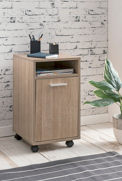 Rootz Roll Container Sonoma - Drawer Cabinet for Office - Desk Container with Door & Tray - Side Container on Casters - Small Office Storage - (33x60x38 cm)