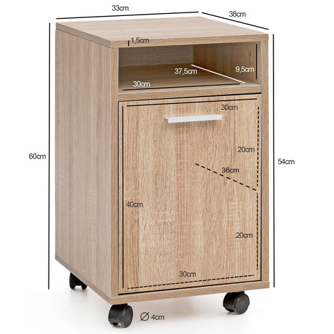 Rootz Roll Container Sonoma - Drawer Cabinet for Office - Desk Container with Door & Tray - Side Container on Casters - Small Office Storage - (33x60x38 cm)