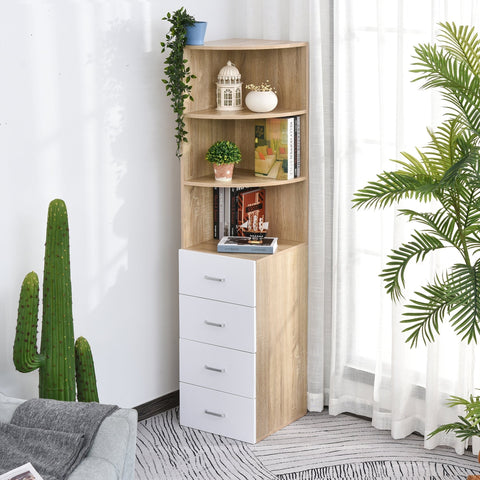 Rootz Bookcase - 3 Levels - 4 Drawers - Processed Wood - Melamine - 40 x 40 x 170 cm - Natural - White