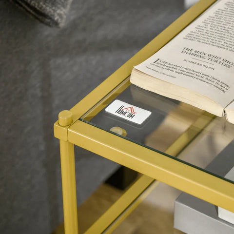 Rootz Side Table -  Coffee Table - Bedside Table - With 3 Glass Shelves - With Steel Frame - Tempered Glass/Steel - Gold - 40 x 40 x 60 cm