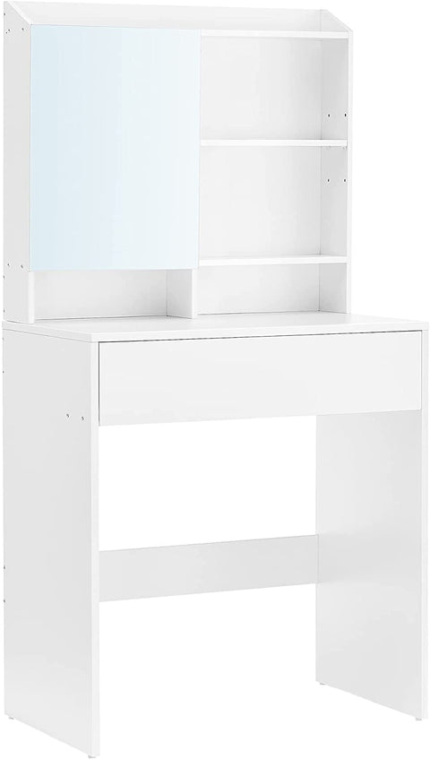 Rootz Dressing Table - Cosmetic Table - Open Compartments - Mirror - 1 Drawer - Adjustable Shelves - White - Processed Wood - 70 x 40 x 136 cm