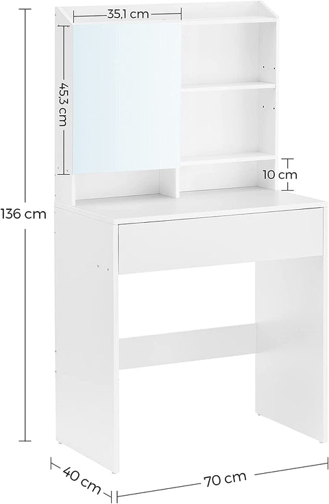 Rootz Dressing Table - Cosmetic Table - Open Compartments - Mirror - 1 Drawer - Adjustable Shelves - White - Processed Wood - 70 x 40 x 136 cm