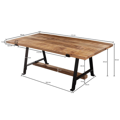 Rootz Couchtisch – Mango Massivholz – Metallrahmen – Rechteckiger Sofatisch – Industriedesign – Moderner Wohnzimmertisch – (115 x 42 x 60 cm)