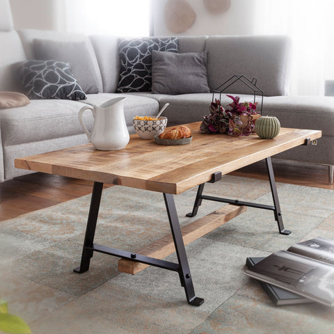 Rootz Couchtisch – Mango Massivholz – Metallrahmen – Rechteckiger Sofatisch – Industriedesign – Moderner Wohnzimmertisch – (115 x 42 x 60 cm)