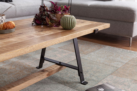 Rootz Couchtisch – Mango Massivholz – Metallrahmen – Rechteckiger Sofatisch – Industriedesign – Moderner Wohnzimmertisch – (115 x 42 x 60 cm)