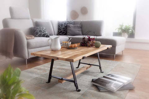 Rootz Couchtisch – Mango Massivholz – Metallrahmen – Rechteckiger Sofatisch – Industriedesign – Moderner Wohnzimmertisch – (115 x 42 x 60 cm)
