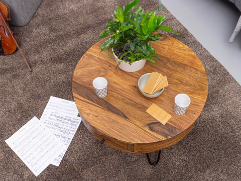 Rootz Runder Couchtisch – Sheesham-Massivholz – Metallbeine – Beistelltisch mit Schubladen – kleiner brauner Tisch – (60 x 44,5 x 60 cm)