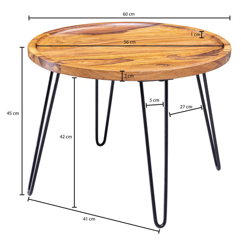 Runder Couchtisch Rootz – Palisander-Massivholz – Haarnadelbeine – Wohnzimmertisch aus Holz und Metall – (60 x 45 x 60 cm) 
