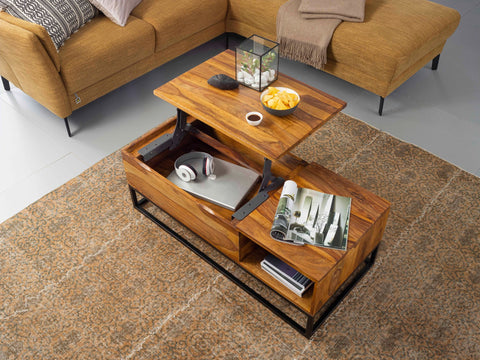 Rootz Sofatisch – Sheesham-Massivholz – Metallbeine – klappbare Tischplatte – Wohnzimmertisch im Industriedesign – (110 x 40 x 50 cm)