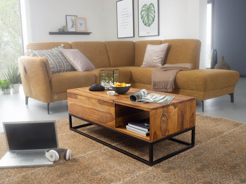 Rootz Sofatisch – Sheesham-Massivholz – Metallbeine – klappbare Tischplatte – Wohnzimmertisch im Industriedesign – (110 x 40 x 50 cm)