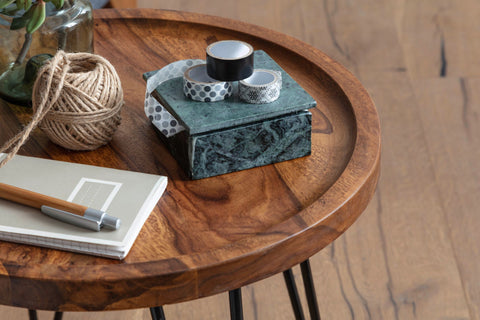 Runder Couchtisch Rootz – Palisander-Massivholz – Haarnadelbeine – Wohnzimmertisch aus Holz und Metall – (45 x 40 x 45 cm) 