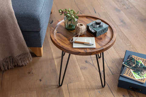 Runder Couchtisch Rootz – Palisander-Massivholz – Haarnadelbeine – Wohnzimmertisch aus Holz und Metall – (45 x 40 x 45 cm) 