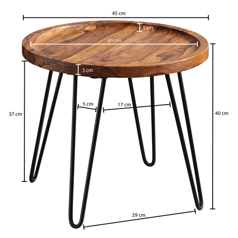Runder Couchtisch Rootz – Palisander-Massivholz – Haarnadelbeine – Wohnzimmertisch aus Holz und Metall – (45 x 40 x 45 cm) 