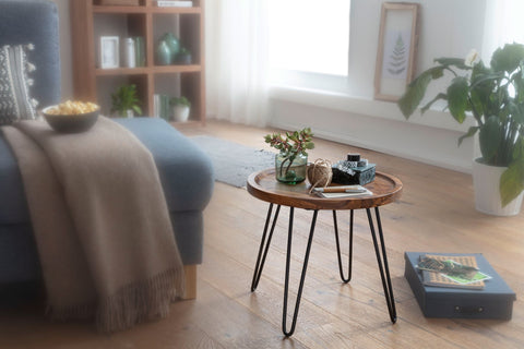 Runder Couchtisch Rootz – Palisander-Massivholz – Haarnadelbeine – Wohnzimmertisch aus Holz und Metall – (45 x 40 x 45 cm) 