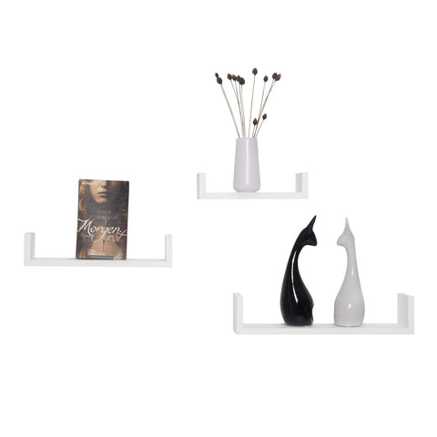 Rootz Wall Shelves - U-Shaped Display - Hanging Bookcase - Decorative Storage - Wallboard Set - Floating Ledges - White - 26x9.7x6cm, 34x9.7x7.5cm, 42x9.7x9cm