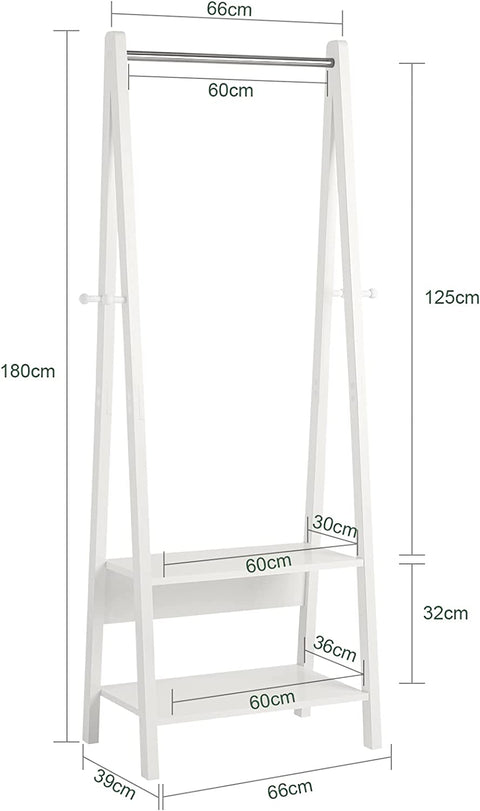 Rootz White Modern Clothes Rail Stand Rack with Two Storage Shelves - Wood Coat Rack Hanging Rail - W66 x D39 x H180cm
