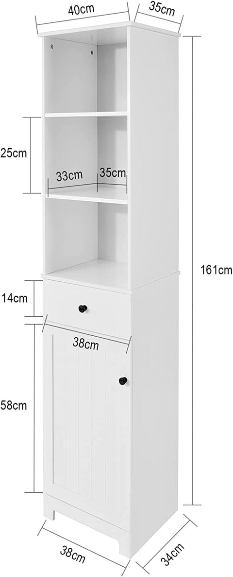 Rootz Hoog Badkamermeubel - Badkameropberger - Kast met 3 Planken - 1 Lade - 1 Kast