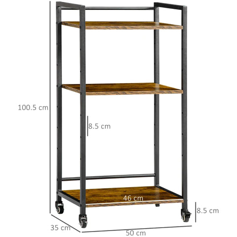 Rootz Cart - Storage Rack - Storage Trolley - Printer Stand - With 3 Height-Adjustable Shelves - Steel/Particleboard - Brown/Black - 50 cm x 35 cm x 100.5 cm