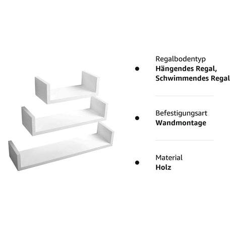 Rootz Wall Shelves - U-Shaped Display - Hanging Bookcase - Decorative Storage - Wallboard Set - Floating Ledges - White - 26x9.7x6cm, 34x9.7x7.5cm, 42x9.7x9cm