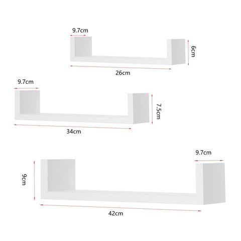 Rootz Wall Shelves - U-Shaped Display - Hanging Bookcase - Decorative Storage - Wallboard Set - Floating Ledges - White - 26x9.7x6cm, 34x9.7x7.5cm, 42x9.7x9cm