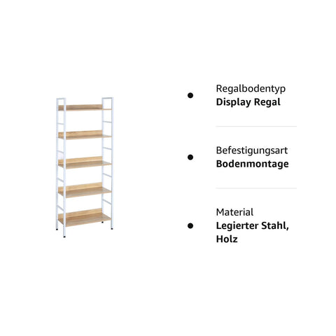 Rootz Standregal Hochregal - Shelving Unit - Bookshelf - Storage Rack - Display Stand - Organizer - Tiered Shelf - White + Light Oak - 60x27.5x160 cm
