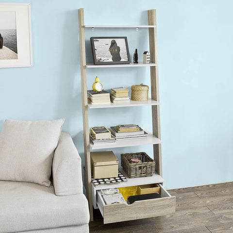 Rootz Ladder Shelf Wall Shelf Bookcase Storage Display Shelving Unit with 4 Shelves and Drawer