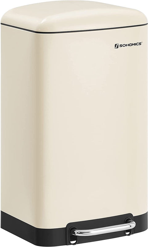 Rootz Trash Can - Pedal Bin - 30L - Steel - Inner Bucket - Soft Close - Airtight - Cream White - 34 x 25 x 61.5 cm