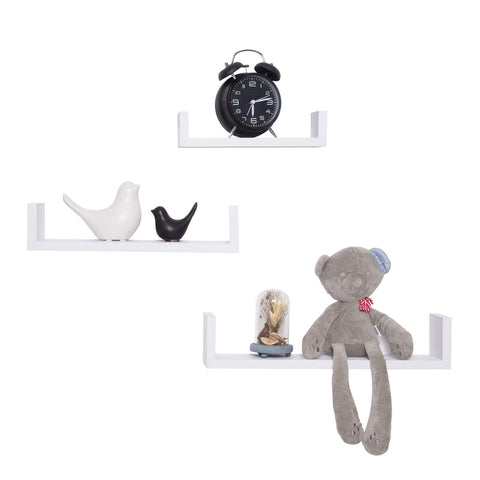 Rootz Wall Shelves - U-Shaped Display - Hanging Bookcase - Decorative Storage - Wallboard Set - Floating Ledges - White - 26x9.7x6cm, 34x9.7x7.5cm, 42x9.7x9cm