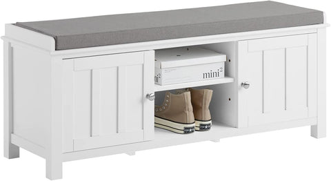 Rootz Shoe Storage Bench with 2 Doors & Removable Seat Cushion - Shoe Cabinet - White