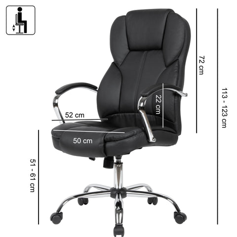 Rootz Desk Chair - Black Faux Leather - Up to 120kg - Design Swivel Chair with Height Adjustment - Office Armchair with Armrests & High Backrest