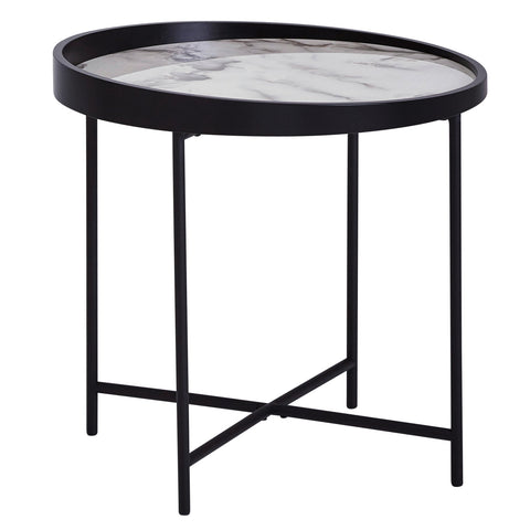 Rootz Side Table - Coffee Table - Round Side Table - Marble Look - Ø 46 cm - High Gloss - Black