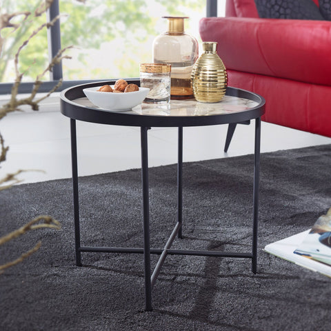 Rootz Side Table - Coffee Table - Round Side Table - Marble Look - Ø 46 cm - High Gloss - Black
