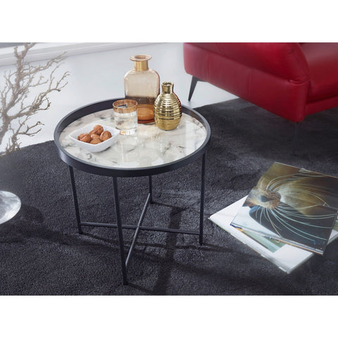 Rootz Side Table - Coffee Table - Round Side Table - Marble Look - Ø 46 cm - High Gloss - Black