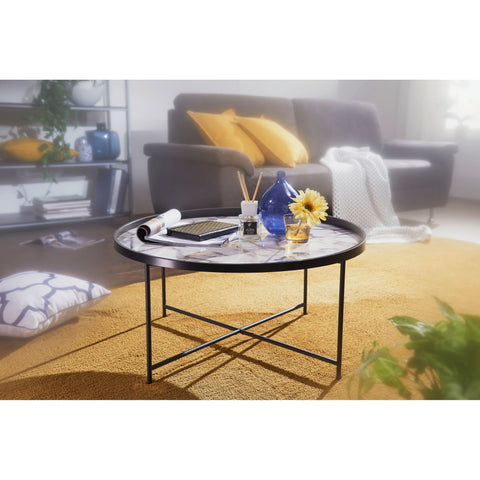 Rootz Ossinning Salontafel - Ronde Salontafel - Marmer - Zwart - Ø 76 cm - Wit - Bijzettafel