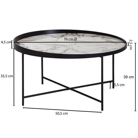 Rootz Ossinning Salontafel - Ronde Salontafel - Marmer - Zwart - Ø 76 cm - Wit - Bijzettafel