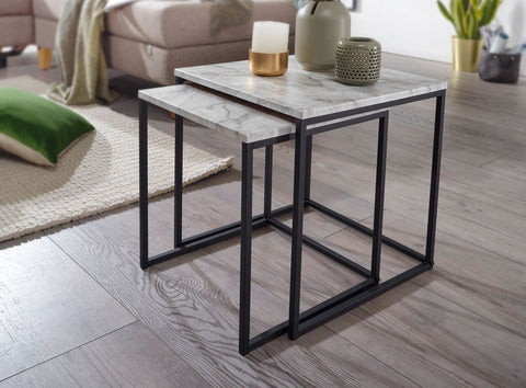 Rootz Bijzettafelset - Marmerlook - Zwart tafelframe - Moderne bijzettafels - Wit (set van 2)