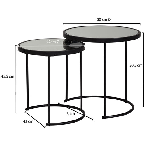Rundes Beistelltisch-Set von Rootz – schwarzes Spiegelglas – Wohnzimmer-Satztisch – verspiegelter Couchtisch (2er-Set) – 50–42 cm 