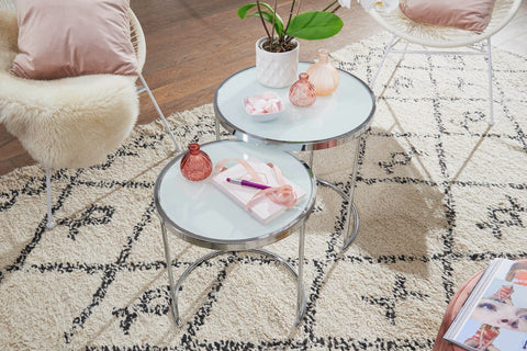 Rundes Beistelltisch-Set von Rootz – Weiß-Silber – Glasplatte – Wohnzimmer-Satztisch – Milchglas-Couchtisch – 50–42 cm 