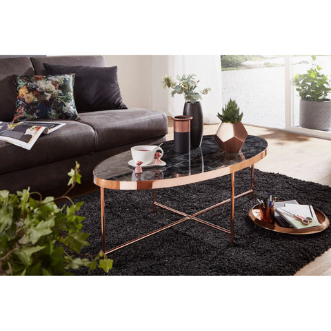Rootz Coffee Table - Side Table - Oval Coffee Table - Marble Look - Black - Copper - 110 x 56 x 40 cm