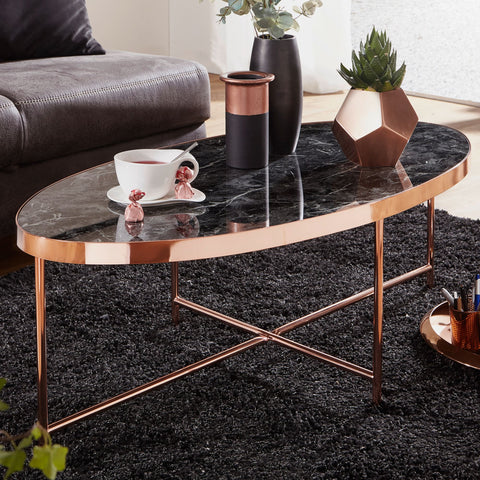 Rootz Coffee Table - Side Table - Oval Coffee Table - Marble Look - Black - Copper - 110 x 56 x 40 cm
